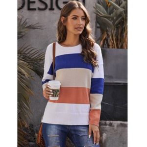 Women’s striped sweater fall navy Coral orange tan